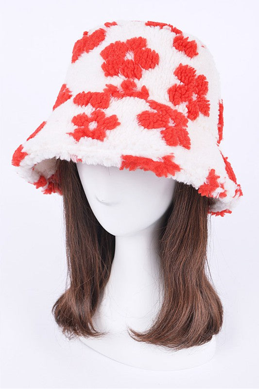 Flower Printed Faux Fur Bucket Hat Artini Accessories