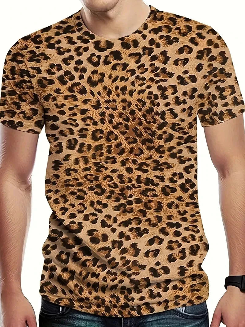 Fashion Leopard Print Round Neck Short Sleeve Men's T-Shirt Weekend Shop