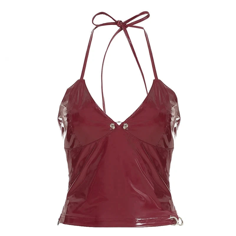 Red PU Leather Halter Bandage Crop Top Weeknd Shop Online