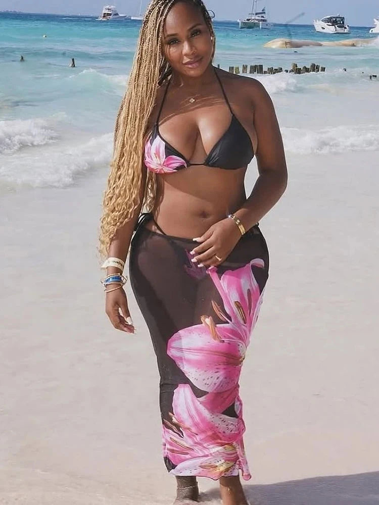 Flower Print 3-Piece Set – Bra, Thong & Long Skirt Weeknd Shop Online