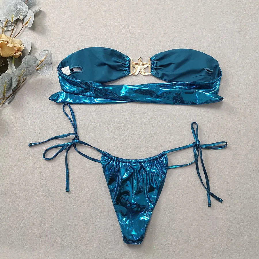 Gem Blue Glossy Bandeau Bikini Set Weeknd Shop Online