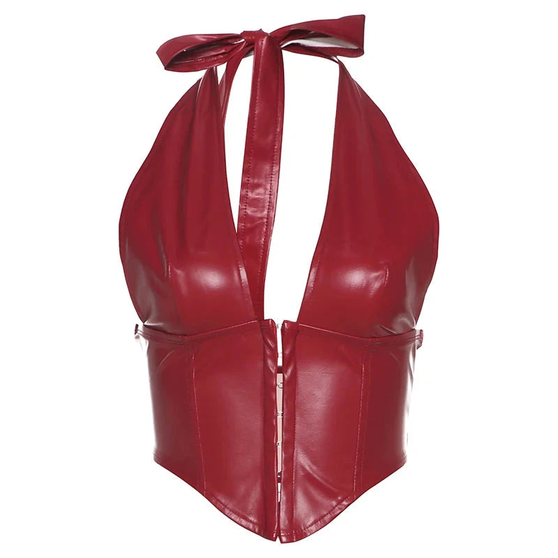 Faux Leather Halter Tie-Back Corset Top Weeknd Shop Online