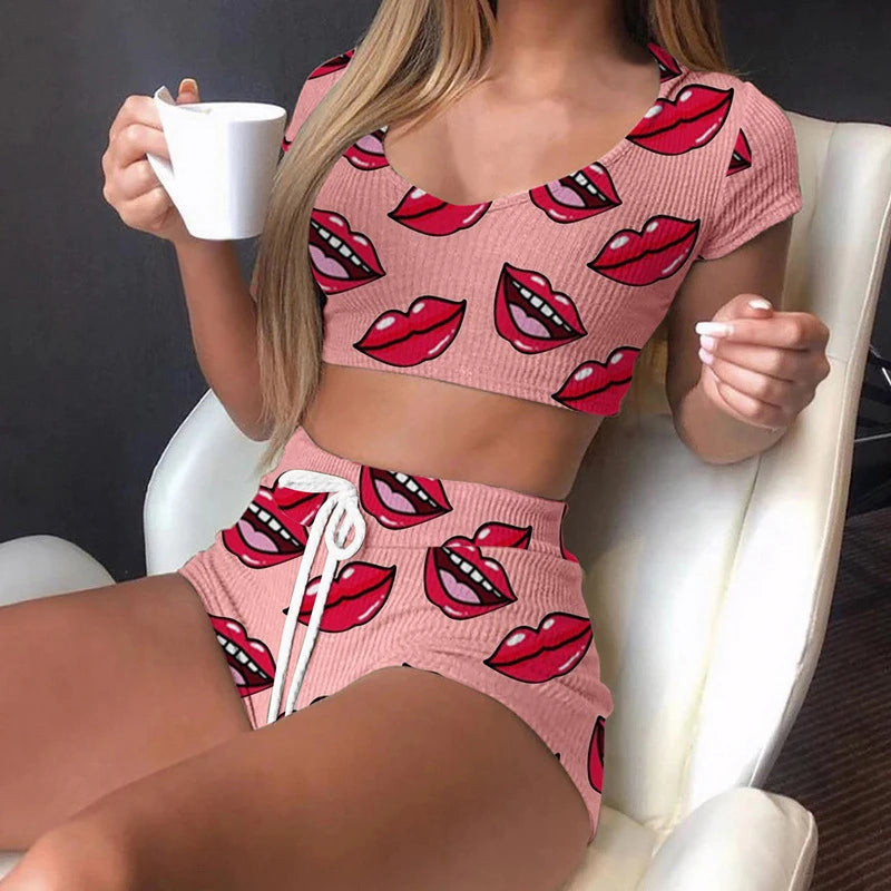 Sexy Casual Lips Print Top Short Set