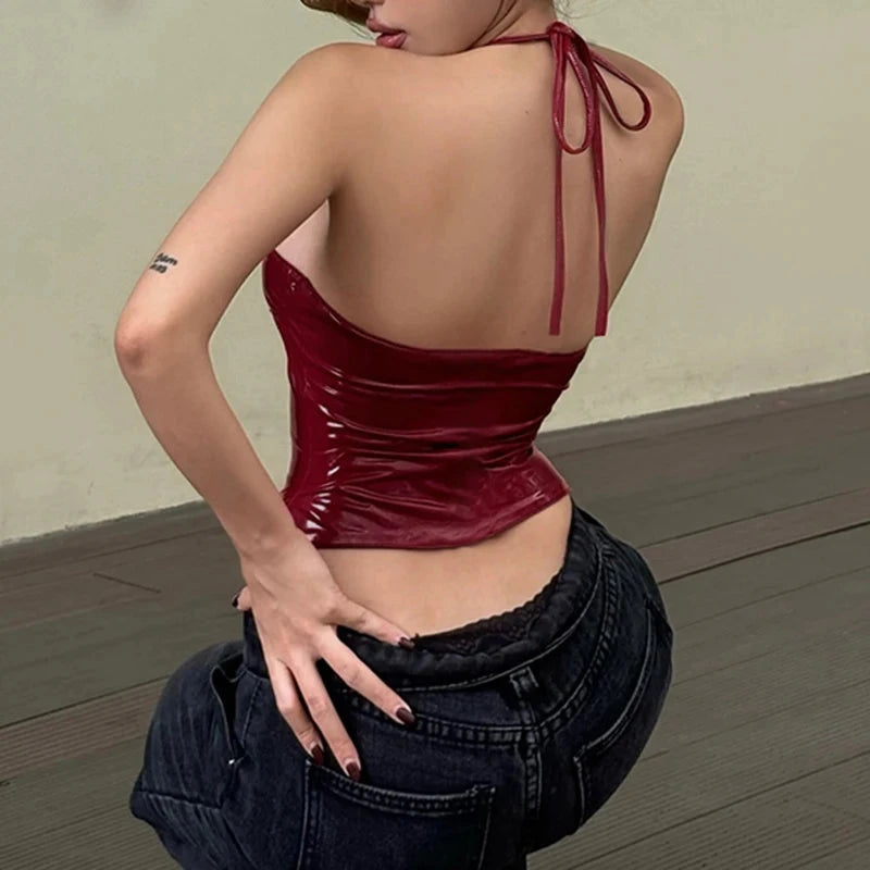 Red PU Leather Halter Bandage Crop Top Weeknd Shop Online