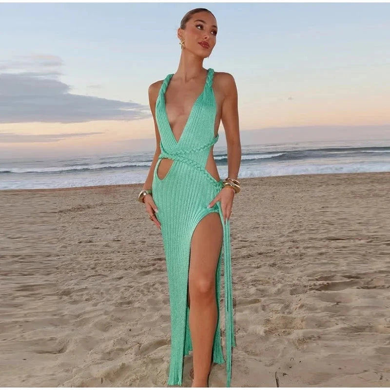 Green Ribbed Backless V-Neck with High Slit Weeknd Shop Online