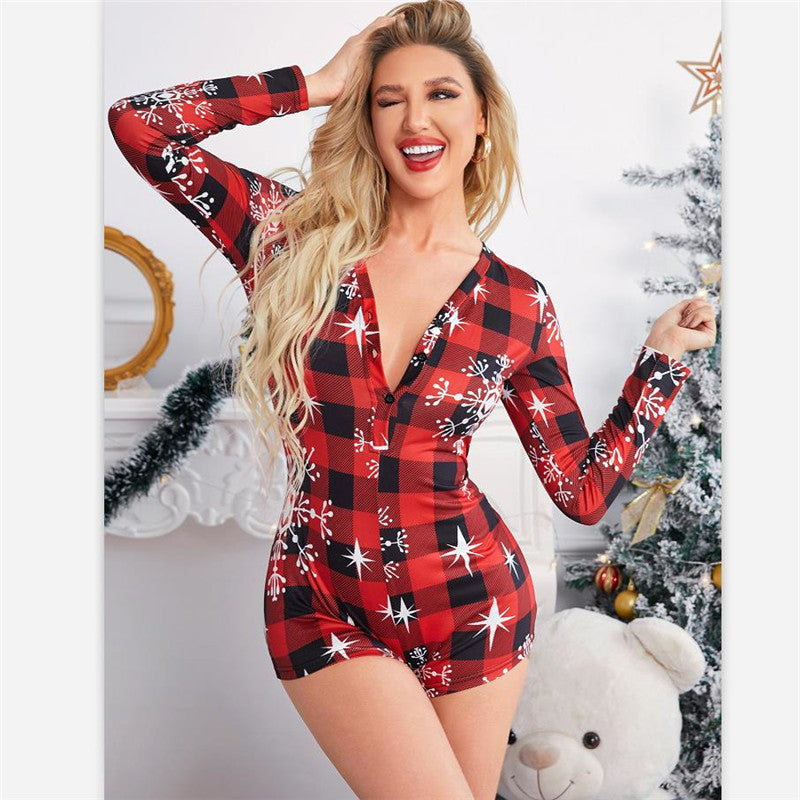 Christmas Printed Pattern Pajama V-Neck Romper Weeknd Shop Online