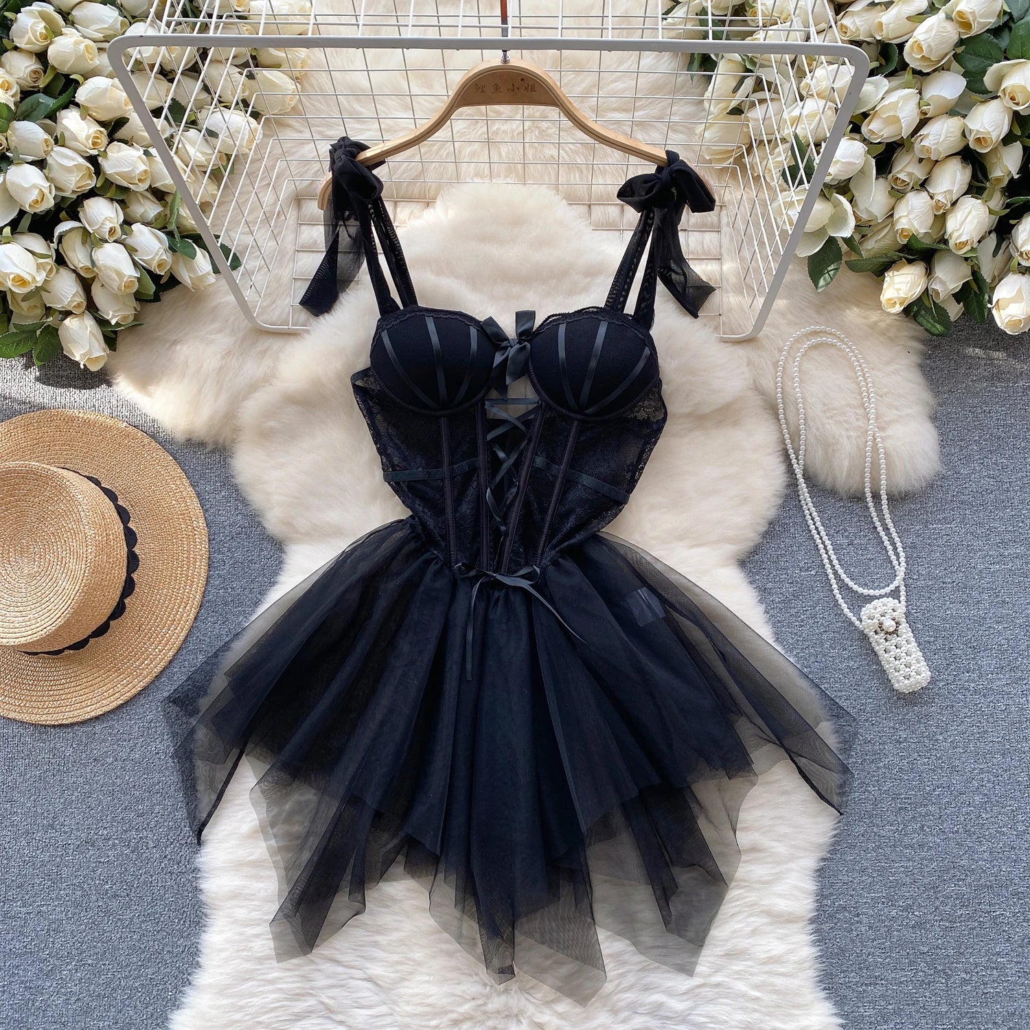 Lace Sheath Spaghetti Strap Lingerie Dress - Black & White - Weeknd Shop Online