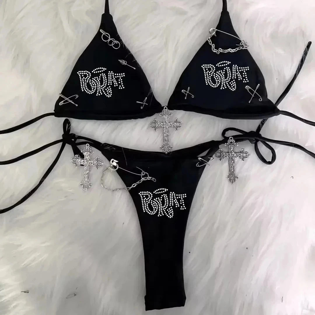 Doll Inspired Gothic Rhinestone Bikini Set with Cross Charms Weeknd Shop Online