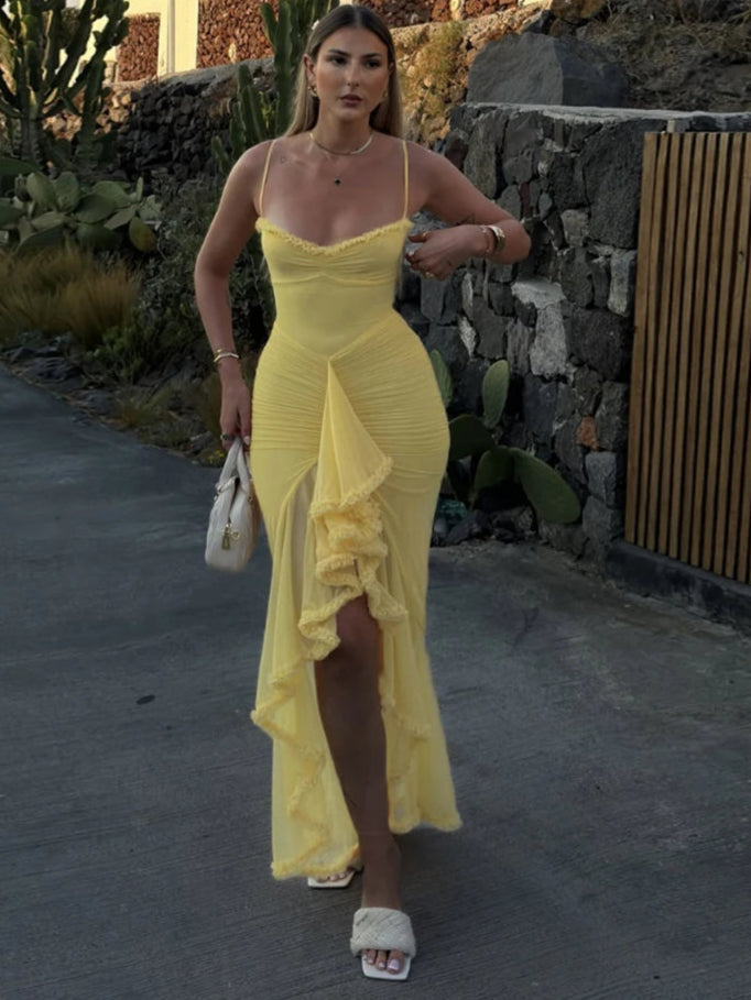 Veria Yellow Mesh Spaghetti Strap Dress - Weeknd Shop Online