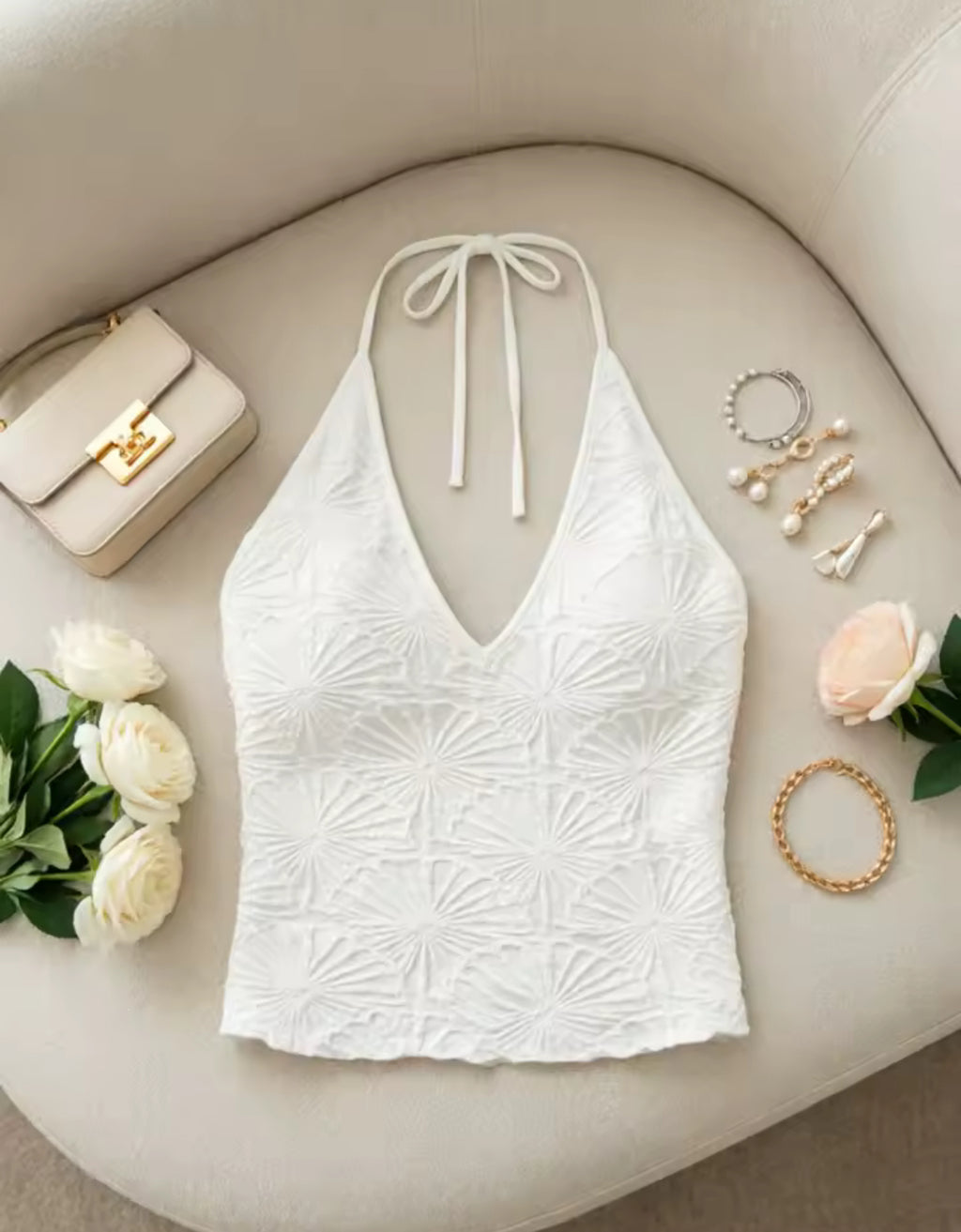 Women White Embossed Floral Halter Top