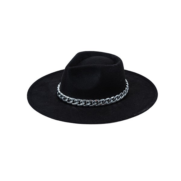 Thick Chain Band Suede Felt Fedora Hat