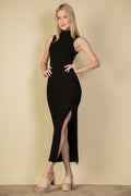 Ribbed Mock Neck Slit Bodycon Dress Capella