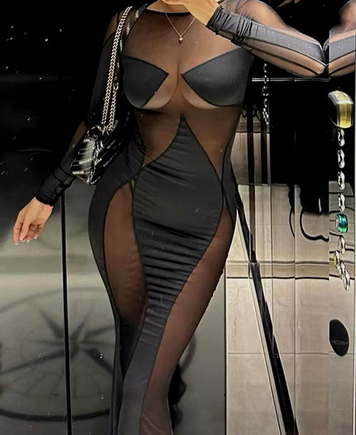 "Save it" Black Sheer Panel Bodycon Maxi Dress Weeknd Shop Online