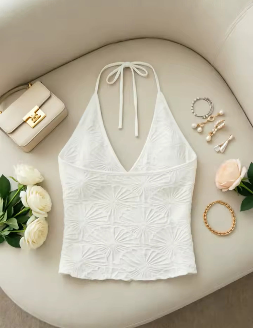 Women White Embossed Floral Halter Top
