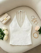 Women White Embossed Floral Halter Top