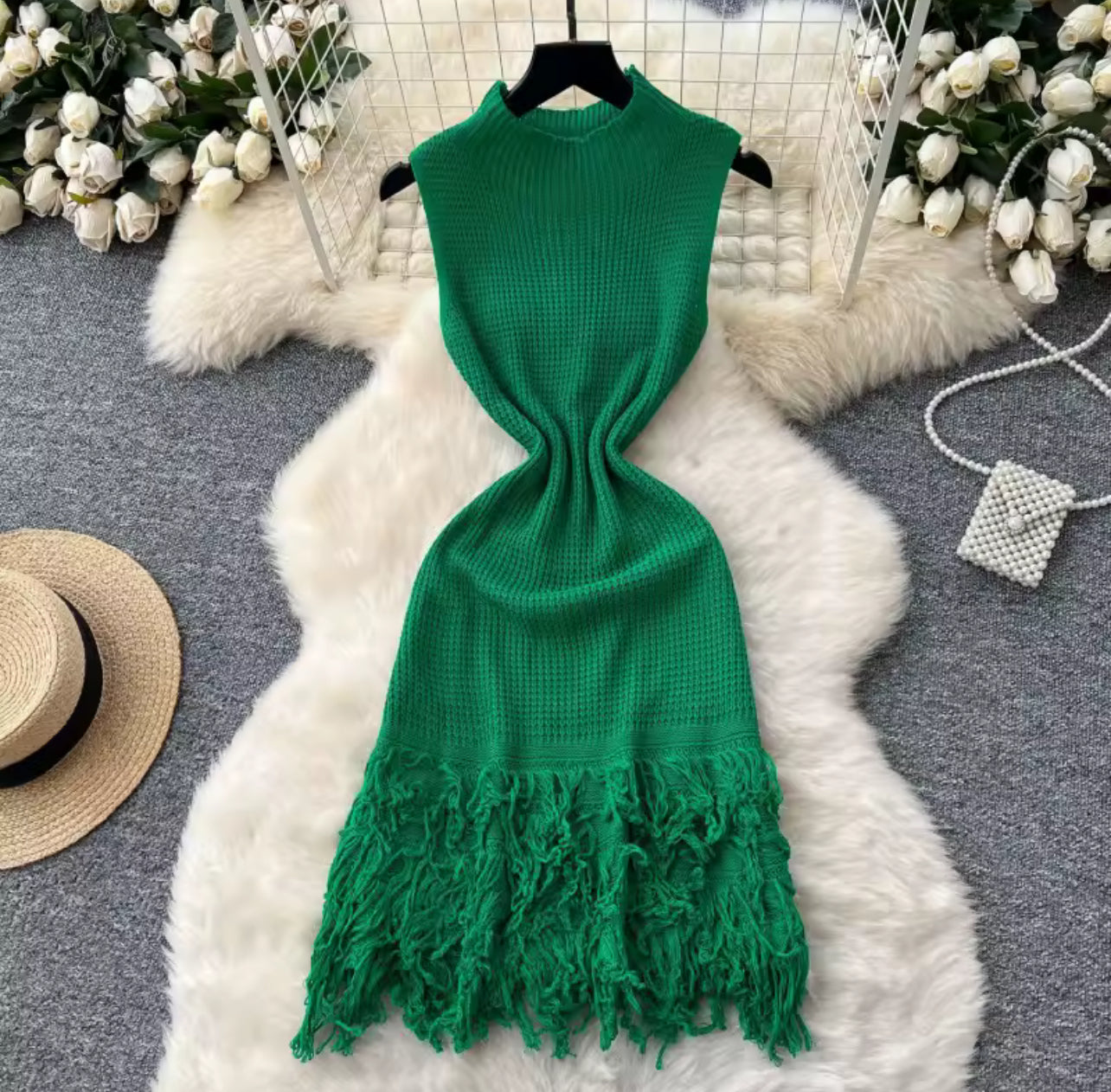 Classy Knitted Sleeveless Dress with Tassels