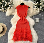 Classy Knitted Sleeveless Dress with Tassels