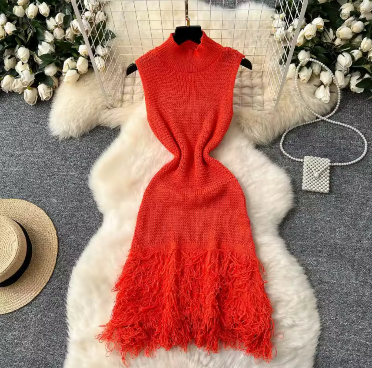 Classy Knitted Sleeveless Dress with Tassels