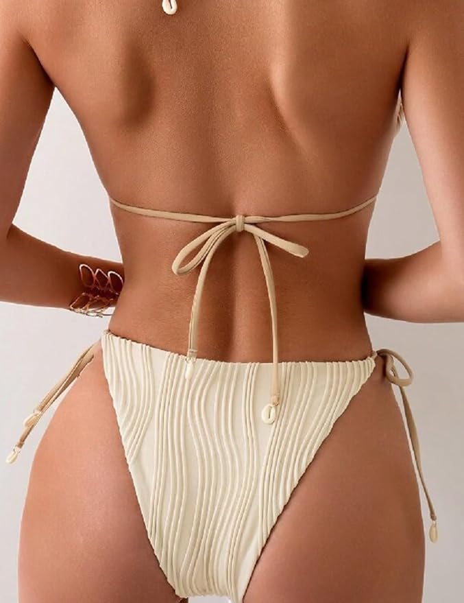 Cream Ribbed Two Piece Bikini Sets for Women Sexy Halter Triangle Top Swimsuit String Thong Bathing Suit