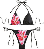 Women's 2 Piece Floral Print Halter Neck Tie Bikini Set Triangle String Thong Swimsuit Summer