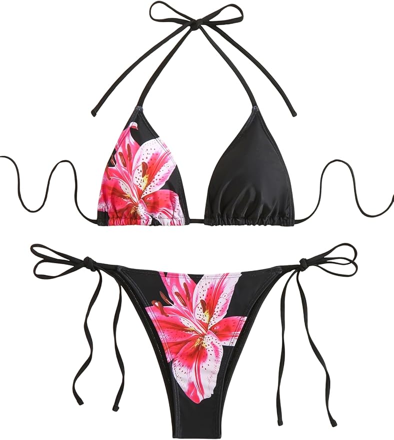 Women's 2 Piece Floral Print Halter Neck Tie Bikini Set Triangle String Thong Swimsuit Summer