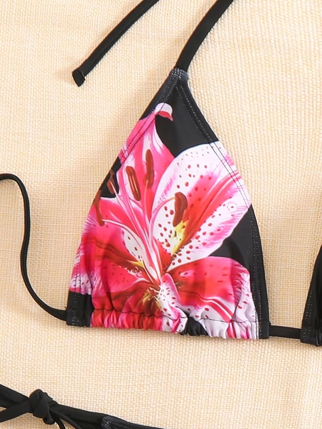 Women's 2 Piece Floral Print Halter Neck Tie Bikini Set Triangle String Thong Swimsuit Summer