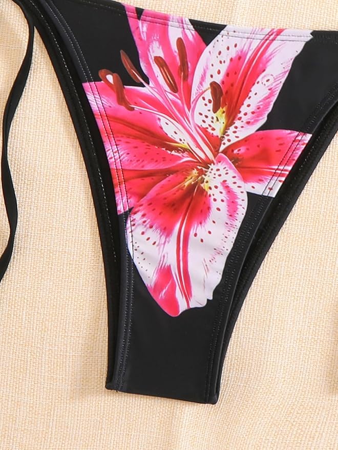 Women's 2 Piece Floral Print Halter Neck Tie Bikini Set Triangle String Thong Swimsuit Summer