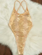 Golden Shiny Snake Print One-Piece Swimsuit