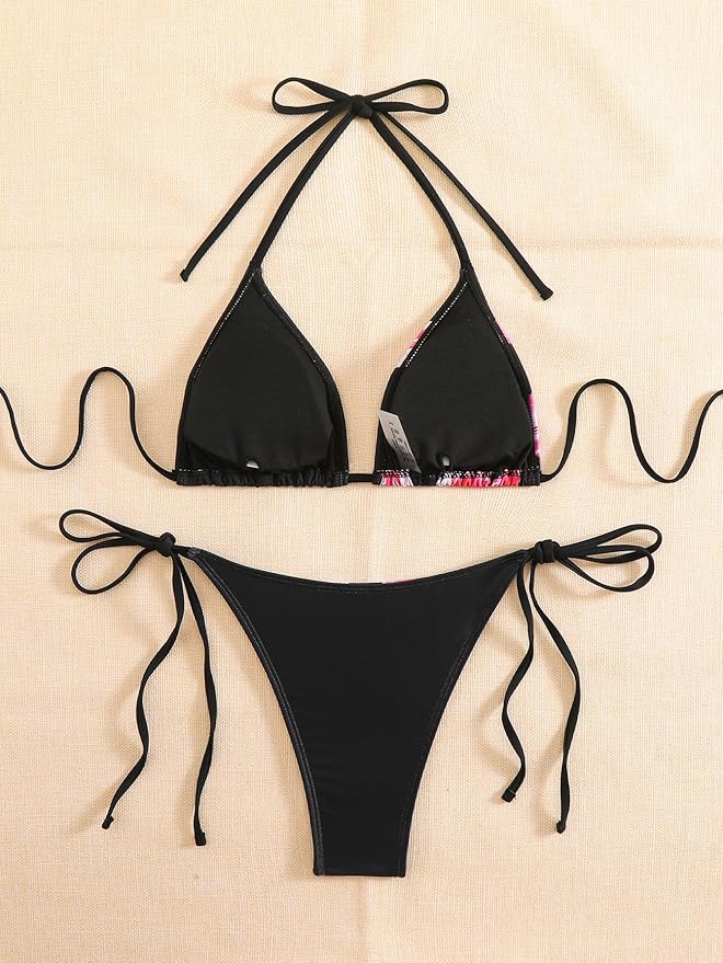 Women's 2 Piece Floral Print Halter Neck Tie Bikini Set Triangle String Thong Swimsuit Summer