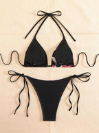 Women's 2 Piece Floral Print Halter Neck Tie Bikini Set Triangle String Thong Swimsuit Summer