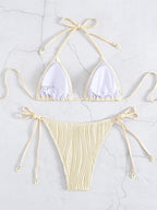 Cream Ribbed Two Piece Bikini Sets for Women Sexy Halter Triangle Top Swimsuit String Thong Bathing Suit