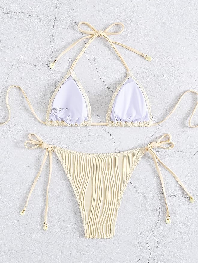 Cream Ribbed Two Piece Bikini Sets for Women Sexy Halter Triangle Top Swimsuit String Thong Bathing Suit