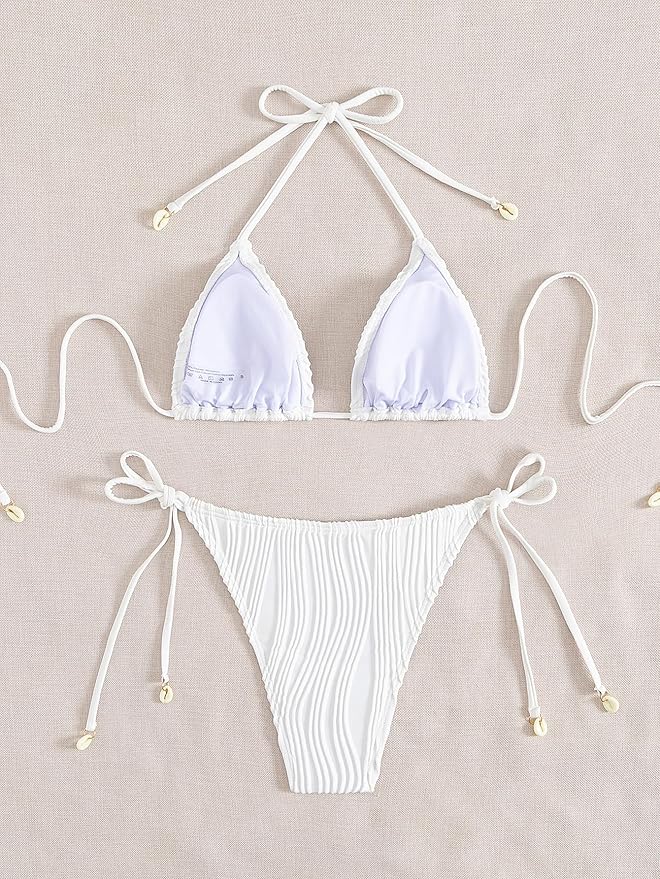 White Ribbed Two Piece Bikini Sets for Women Sexy Halter Triangle Top Swimsuit String Thong Bathing Suit (Copy)