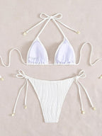 White Ribbed Two Piece Bikini Sets for Women Sexy Halter Triangle Top Swimsuit String Thong Bathing Suit (Copy)