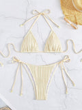 Cream Ribbed Two Piece Bikini Sets for Women Sexy Halter Triangle Top Swimsuit String Thong Bathing Suit