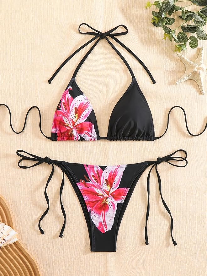 Women's 2 Piece Floral Print Halter Neck Tie Bikini Set Triangle String Thong Swimsuit Summer