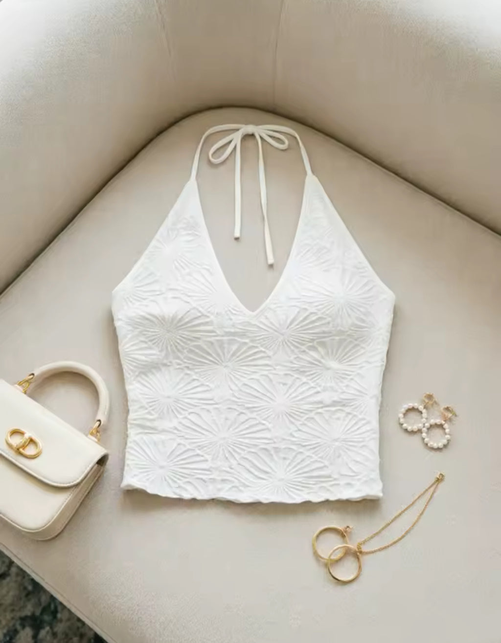 Women White Embossed Floral Halter Top