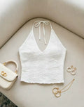 Women White Embossed Floral Halter Top