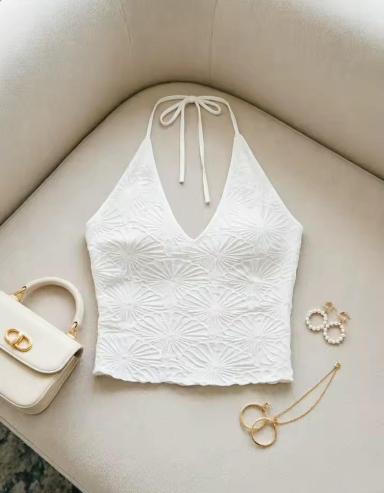 Women White Embossed Floral Halter Top