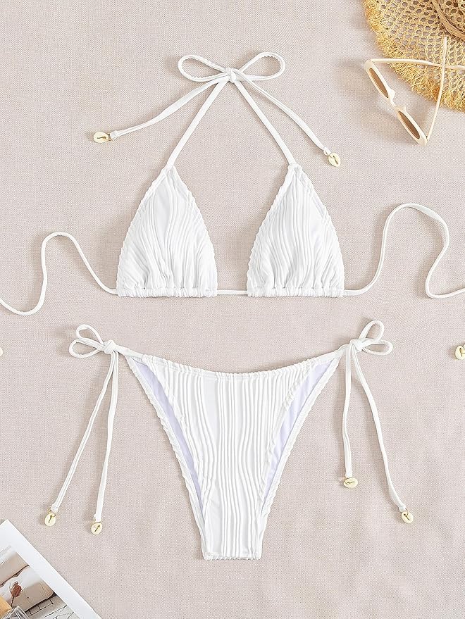 White Ribbed Two Piece Bikini Sets for Women Sexy Halter Triangle Top Swimsuit String Thong Bathing Suit (Copy)