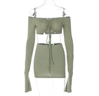 Summer Women 2 Pieces Set: Long Sleeve Drawstring Crop Top & Mini Skirt Outfit Weekend Shop