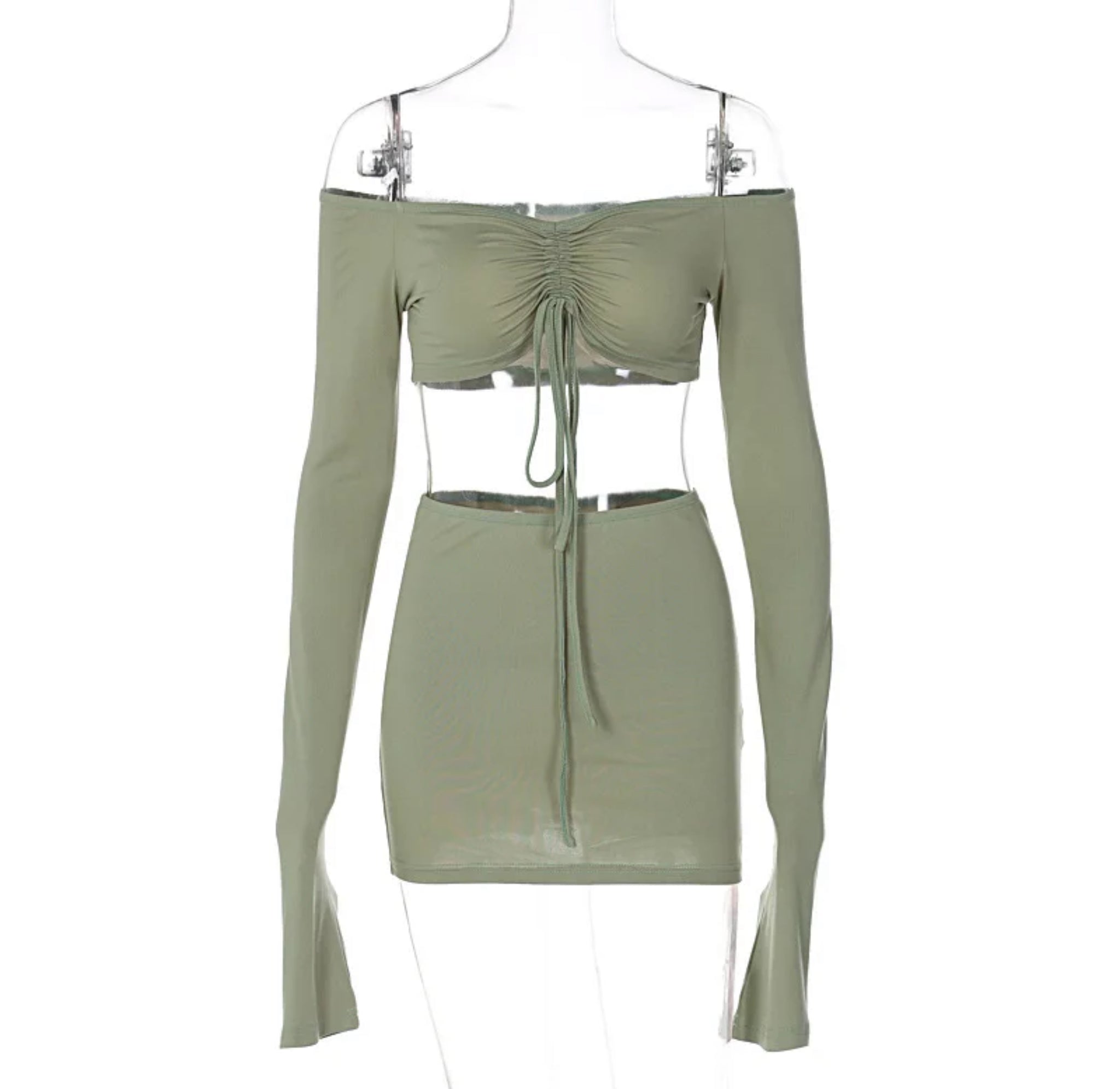 Summer Women 2 Pieces Set: Long Sleeve Drawstring Crop Top & Mini Skirt Outfit Weekend Shop