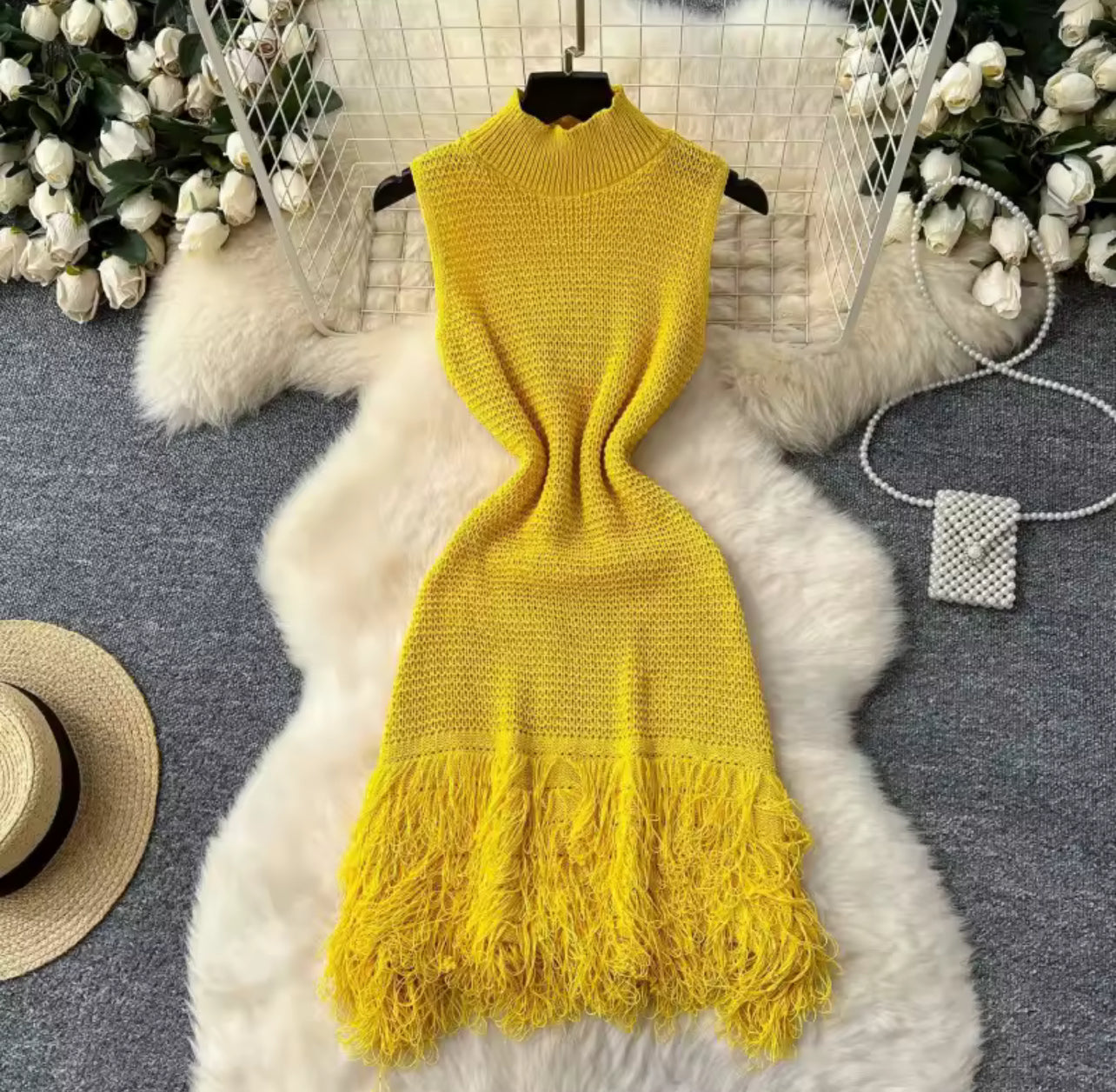 Classy Knitted Sleeveless Dress with Tassels