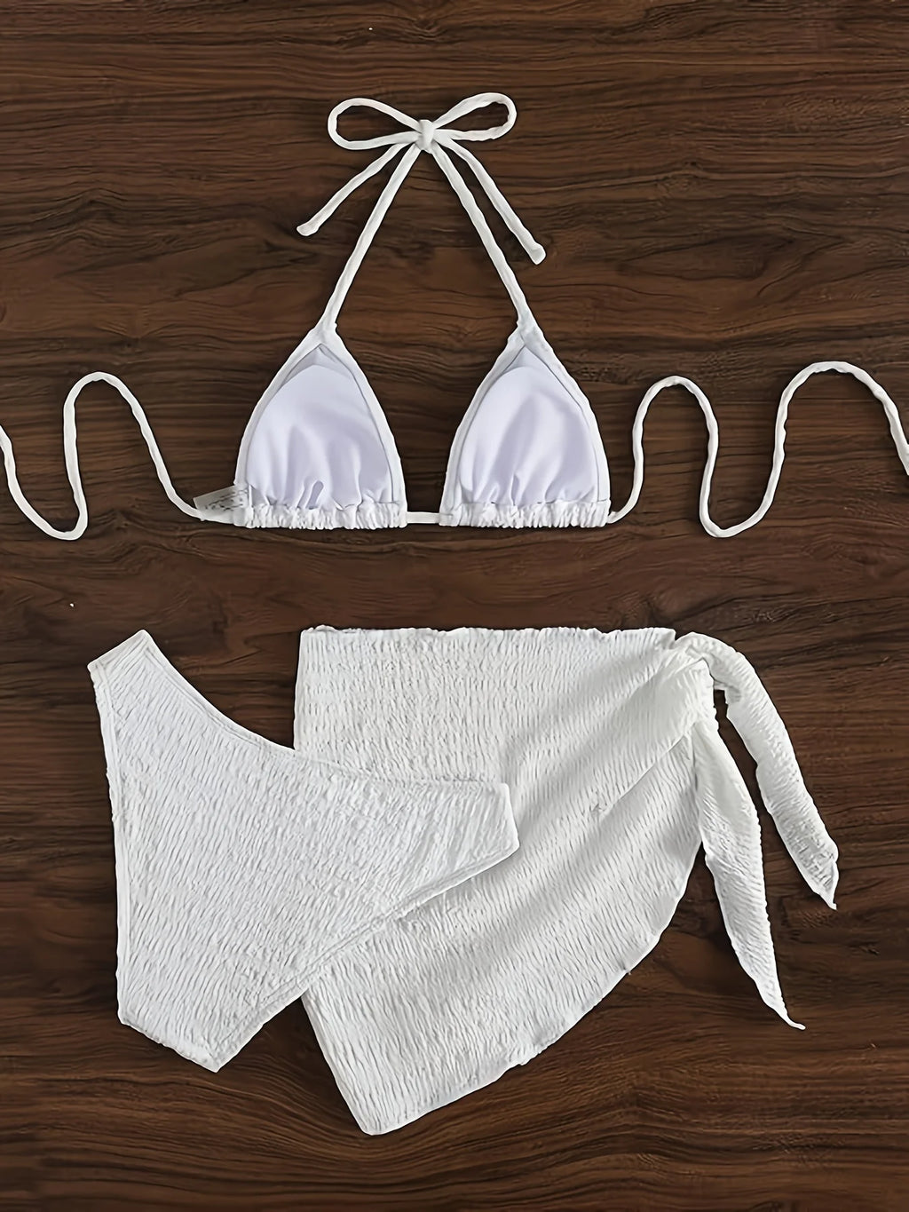 3-Piece White Textured Bikini Set with Wrap Skirt