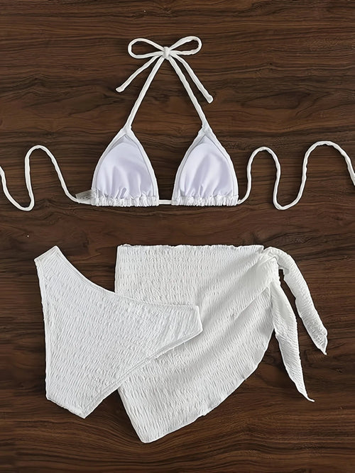 3-Piece White Textured Bikini Set with Wrap Skirt Weeknd Shop Online