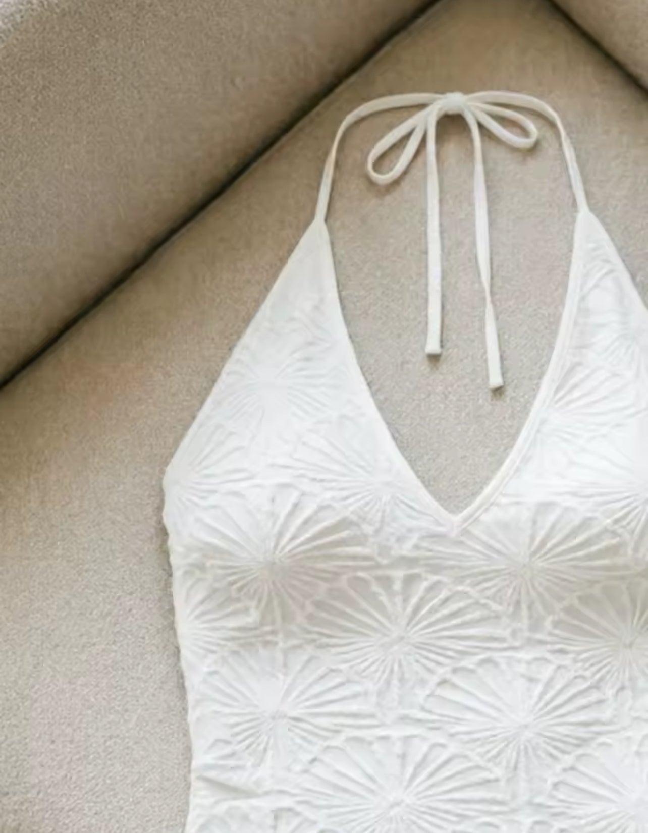 Women White Embossed Floral Halter Top