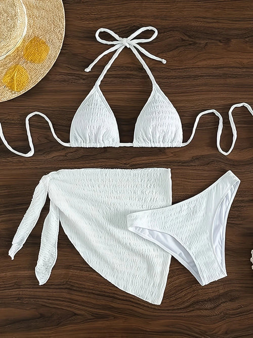 3-Piece White Textured Bikini Set with Wrap Skirt Weeknd Shop Online