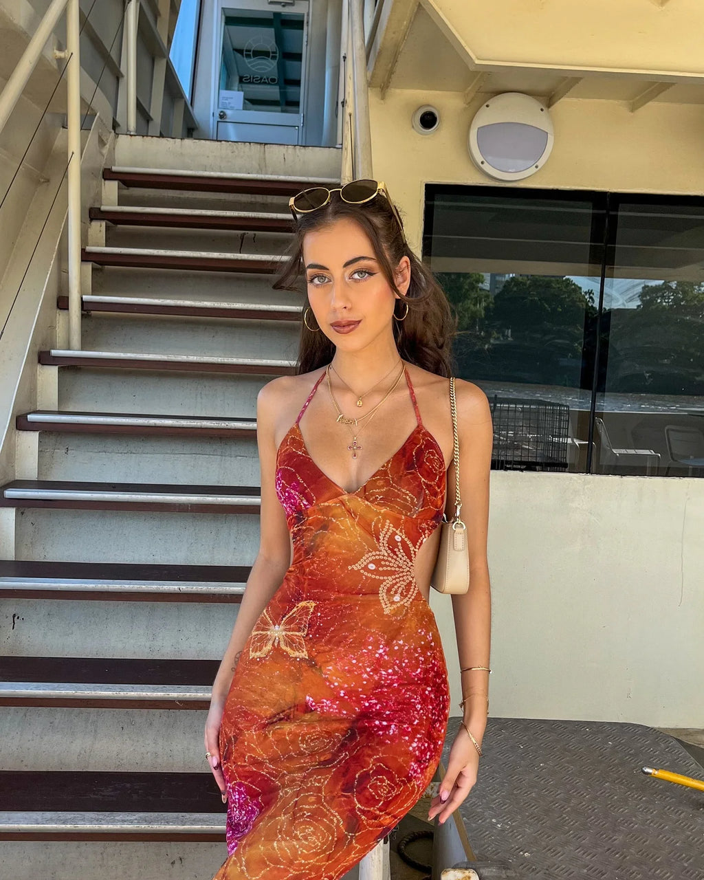 Gone Baby Retro Colorful Print Halter Midi Dress