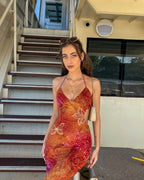 Gone Baby Retro Colorful Print Halter Midi Dress