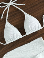 3-Piece White Textured Bikini Set with Wrap Skirt